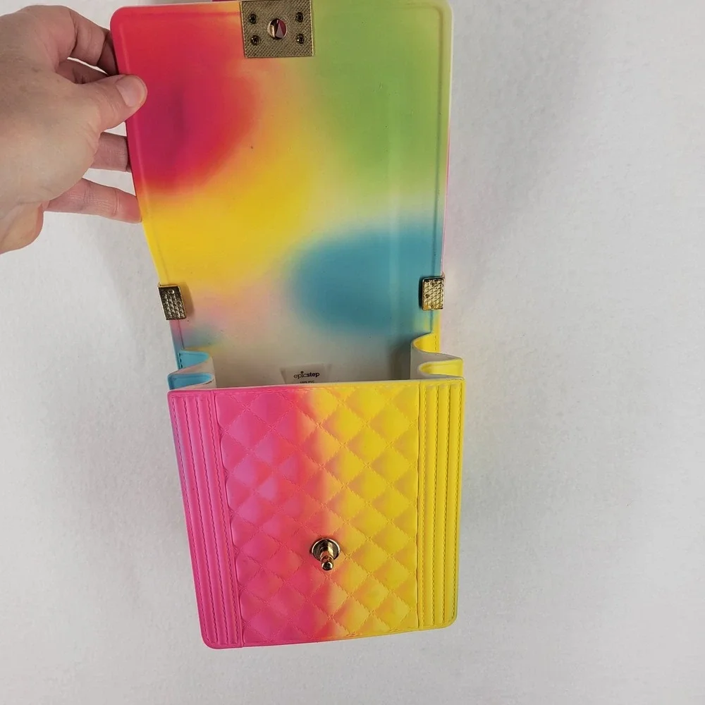 Epicstep Quilted‎ Rainbow Jelly Crossbody Bag Gold Chain Strap Ombre Tie Dye Y2K